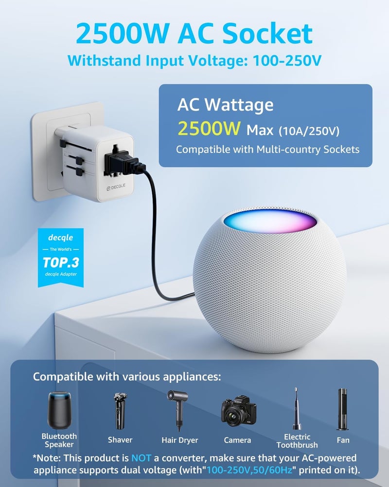 D DECQLE Universal Travel Adapter, International Travel Plug Adapter with 3 USB-C ＆ 2 USB-A Ports, with Extra 2 Prong AC Outlet All in One Portable Socket, for USA, UK, EU, AU ＆ 224+ Countries (White) - Image 2